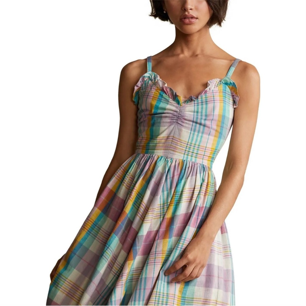 NWT POLO RALPH LAUREN Madras Plaid Ruffle Midi Dress $248 - Picture 2 of 3